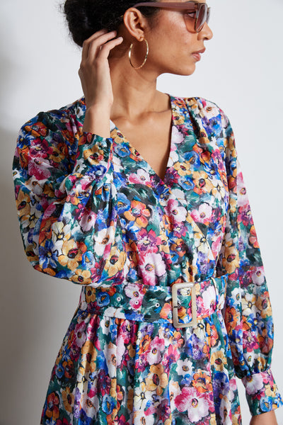 Long Sleeve Floral Belted Dress Image 4