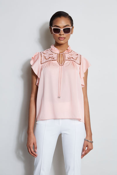 Silk Embroidered Flutter Sleeve Shirt Image 1