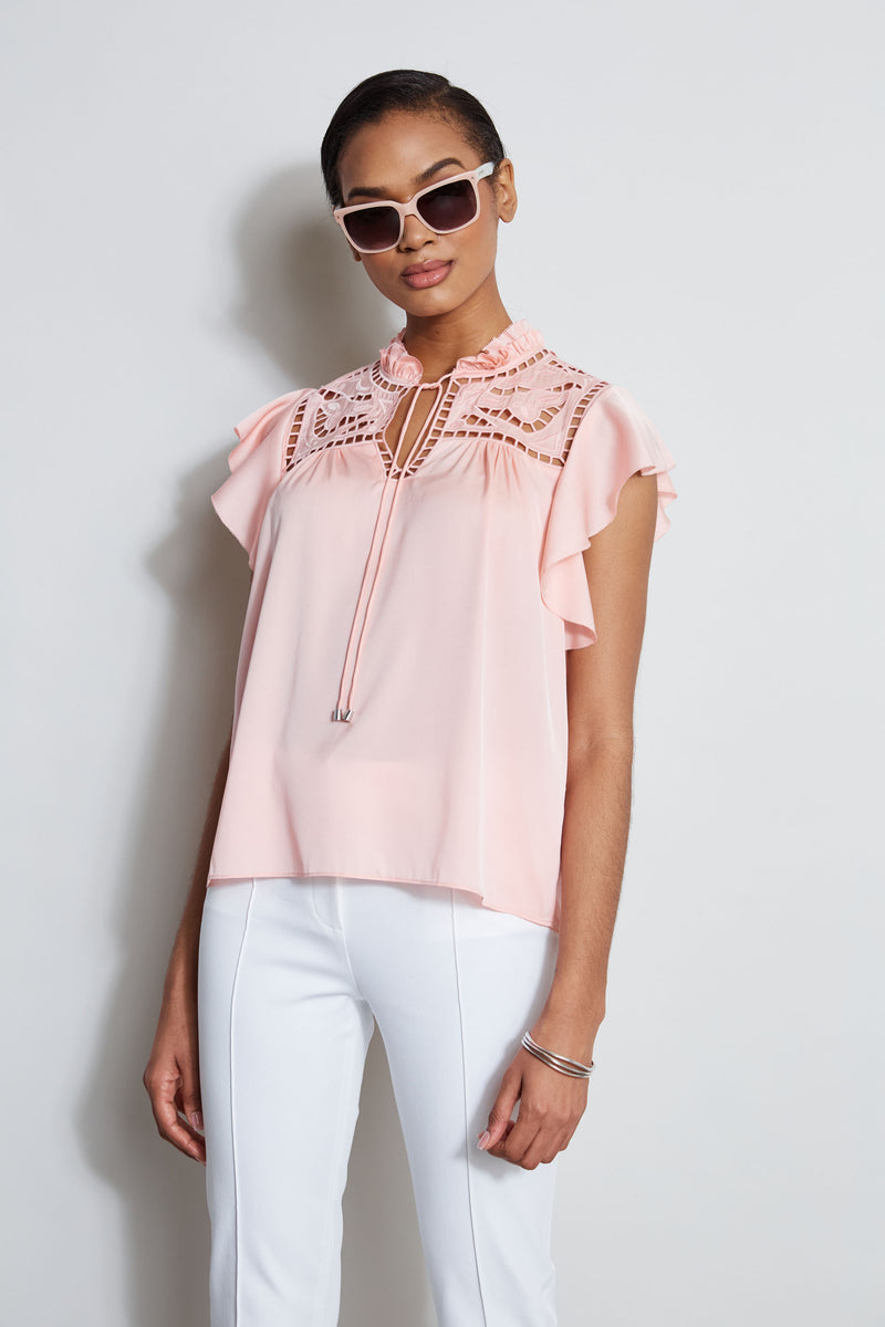 Silk Embroidered Flutter Sleeve Shirt