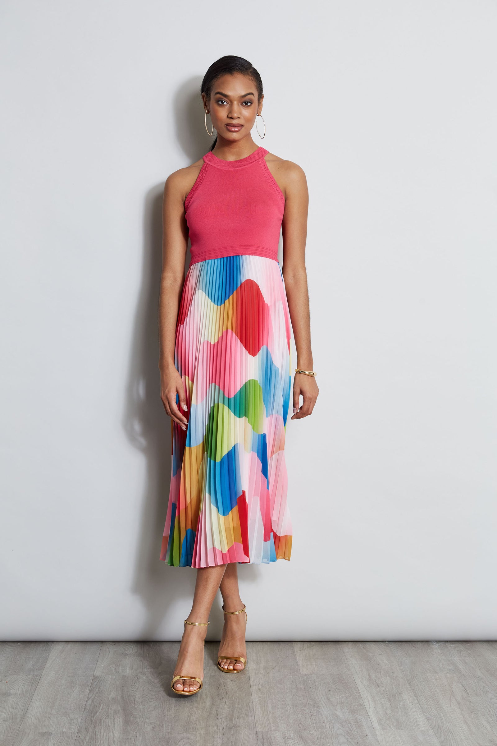 Halter Pleated Print Midi Dress Elie Tahari
