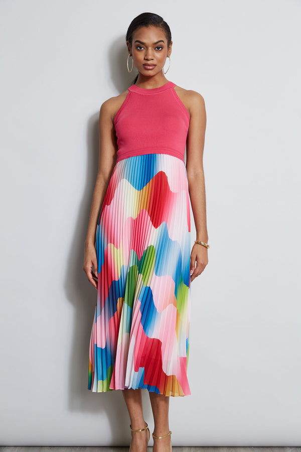 Halter Pleated Print Midi Dress