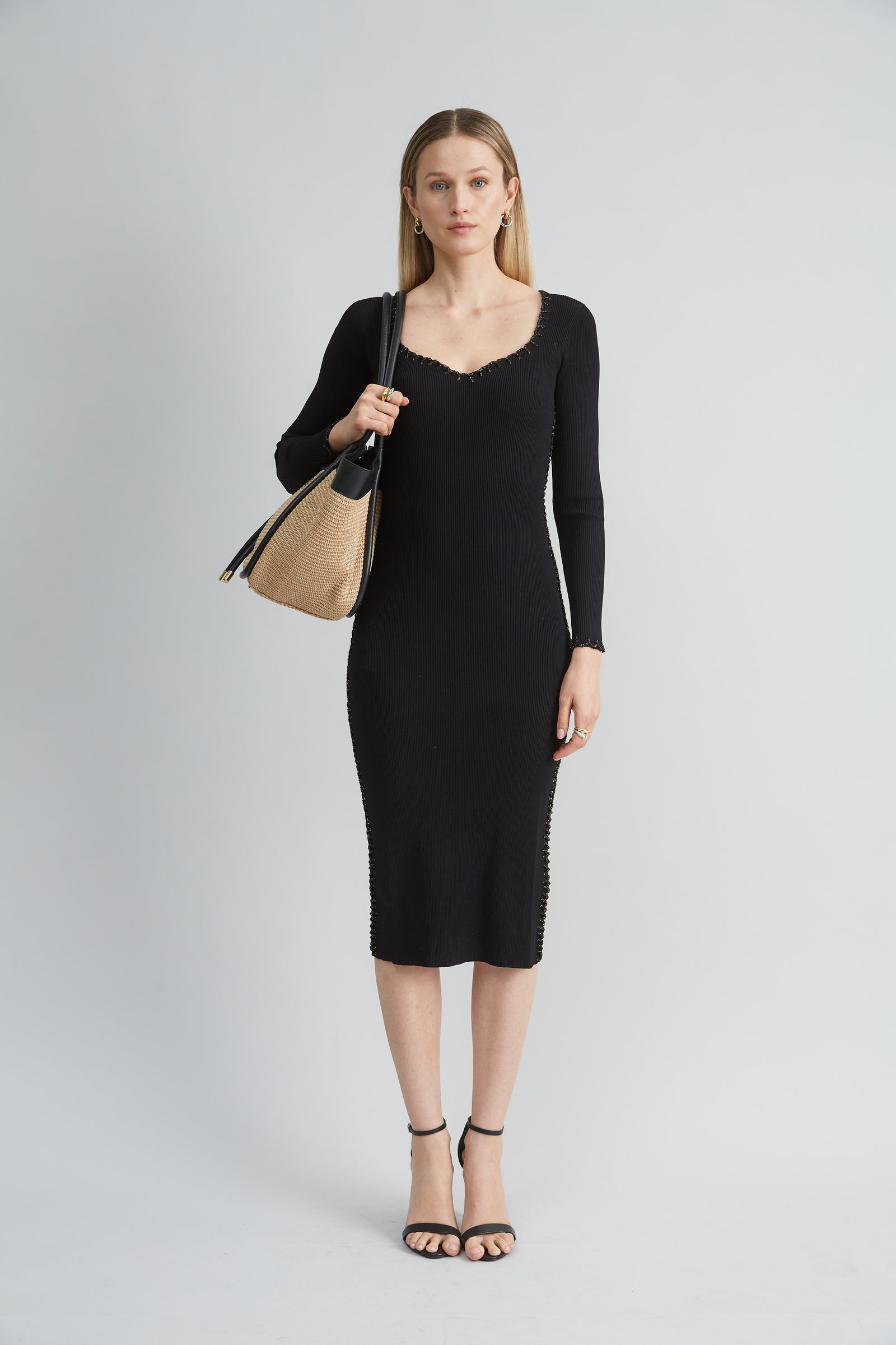 black dress zara Balmain Lace-up Long Sleeve Midi Sweater Dress – Runway Catalog main image 0