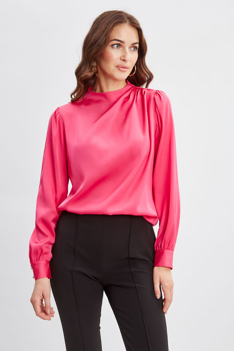 Silk Pleated Draped Neck Shirt