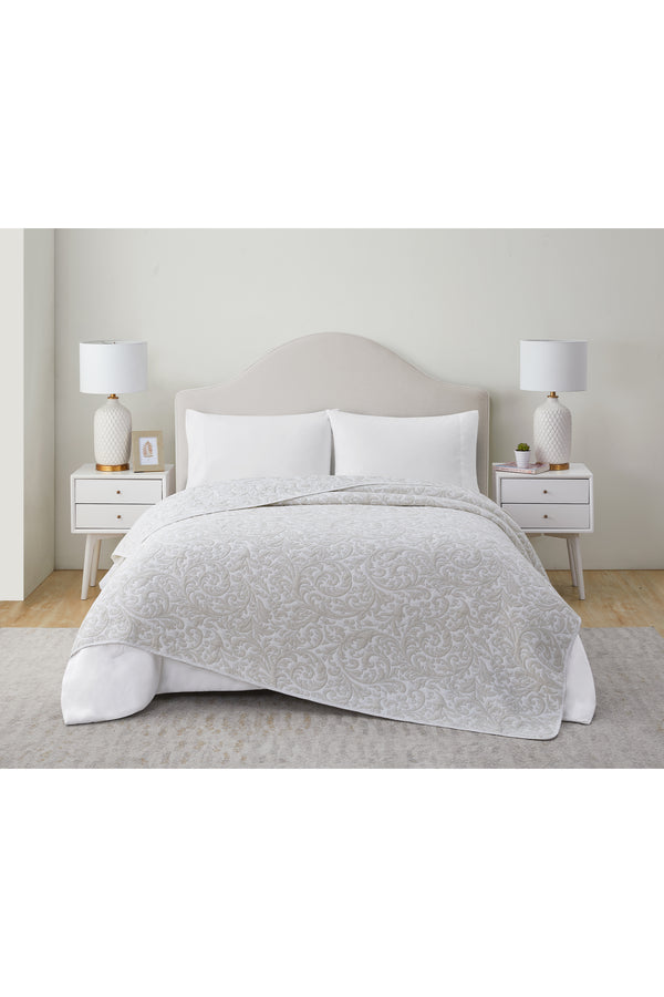 Tahari Reversible Damask Taupe Coverlet Blanket, Queen