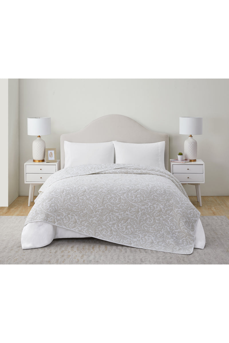 Tahari Reversible Damask Taupe Coverlet Blanket, Queen