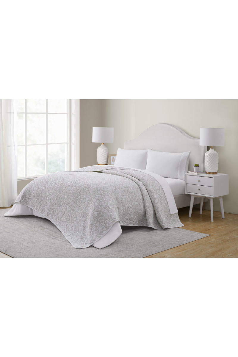 Tahari Reversible Damask Taupe Coverlet Blanket, Queen
