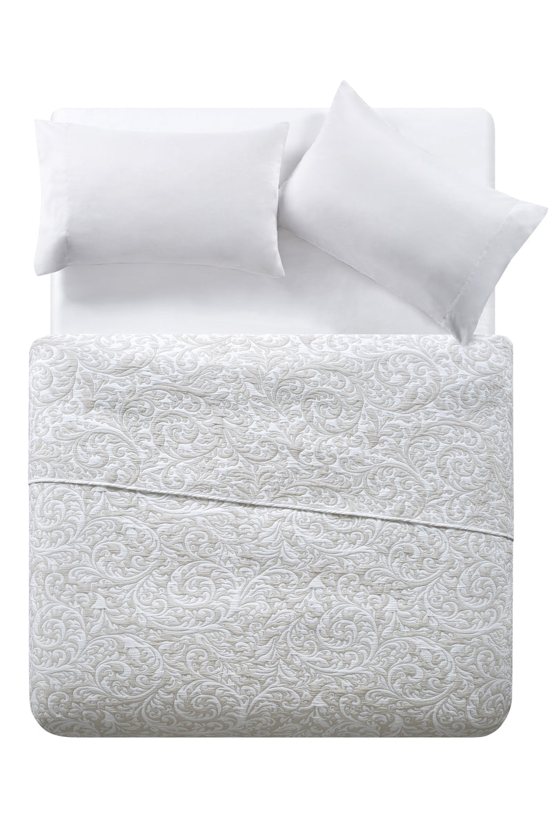 Tahari Reversible Damask Taupe Coverlet Blanket, Queen
