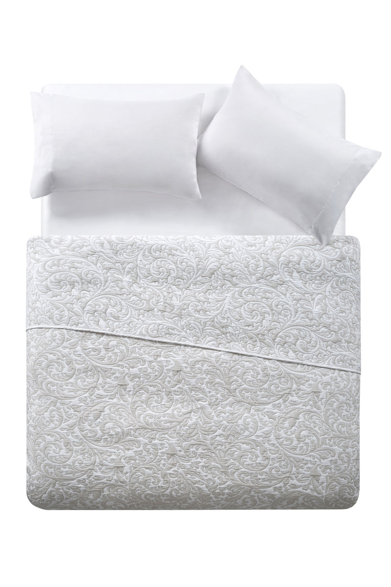 Tahari Reversible Damask Taupe Coverlet Blanket, Queen