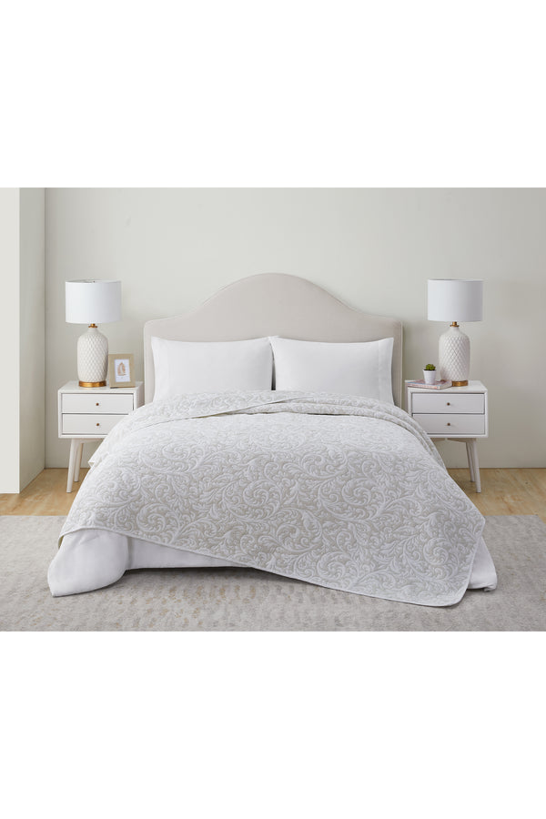 Tahari Reversible Damask Taupe Coverlet Blanket, Queen