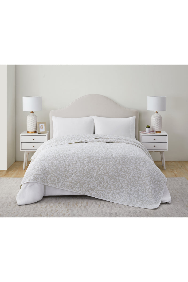 Tahari Reversible Damask Taupe Coverlet Blanket, Queen