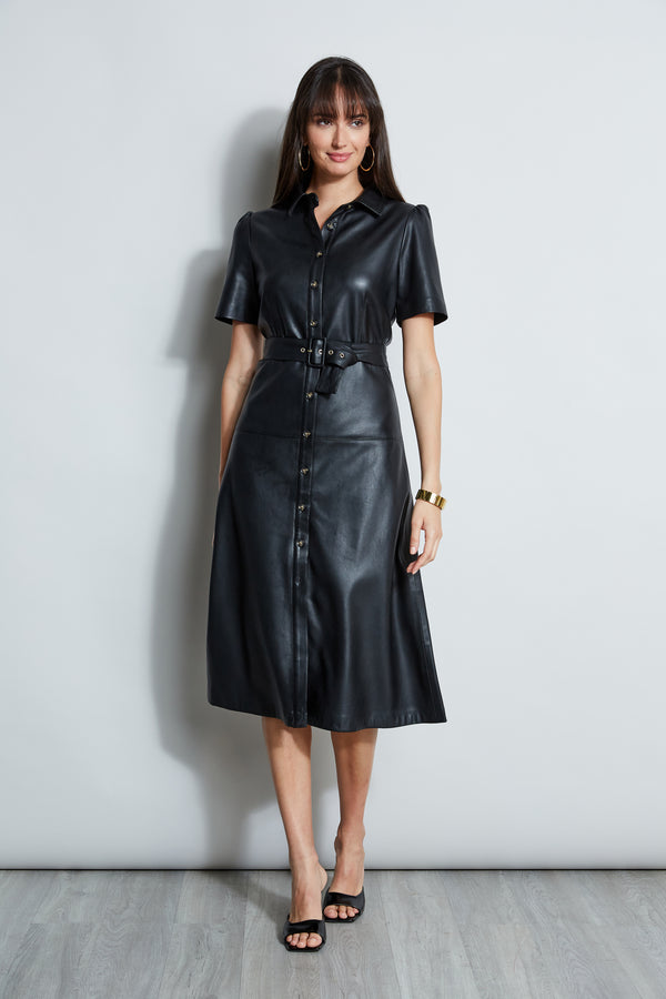 T-Tahari Vegan Leather Belted Shirt Dress