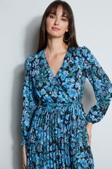 T-Tahari Floral Long Sleeve Pleated Wrap Dress