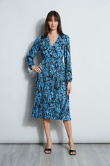 T-Tahari Floral Long Sleeve Pleated Wrap Dress