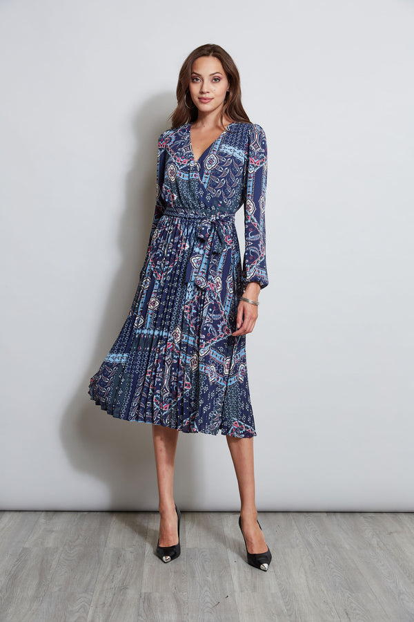 T-Tahari Pleated Wrap Tile Print Dress