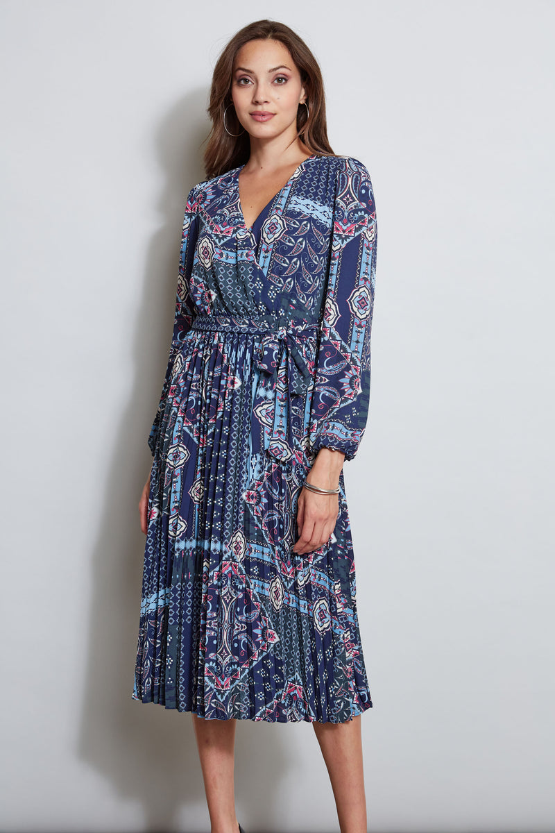 T-Tahari Pleated Wrap Tile Print Dress