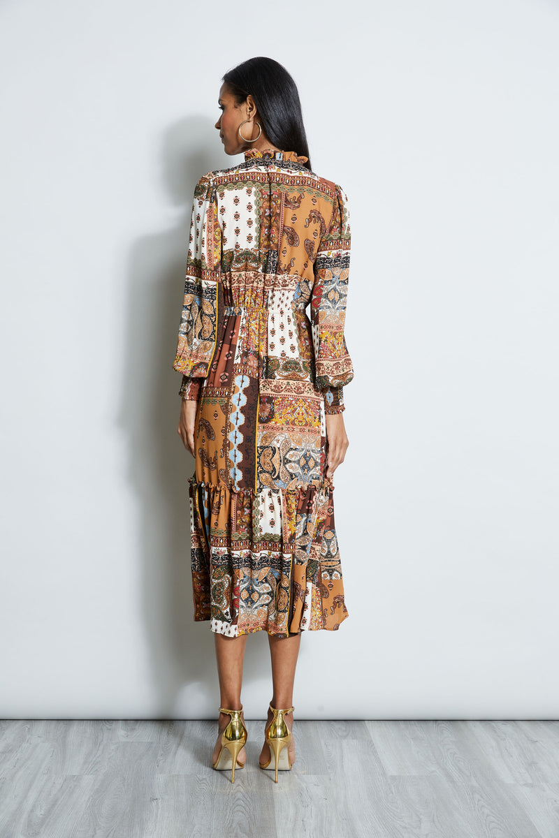 T-Tahari Long Sleeve Patchwork Midi Dress