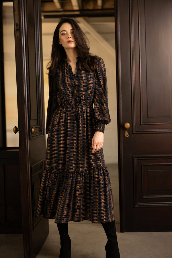 T-Tahari Long Sleeve Dot Print Midi Dress