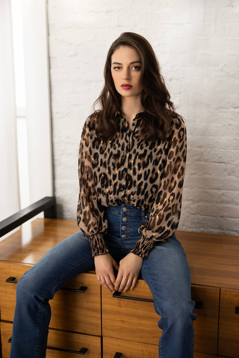 T-Tahari Metallic Kissed Leopard Shirt