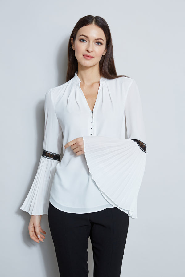 T-Tahari Pleated Lace Sleeve Shirt