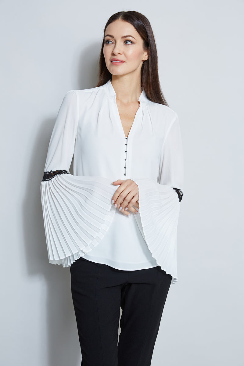 T-Tahari Pleated Lace Sleeve Shirt