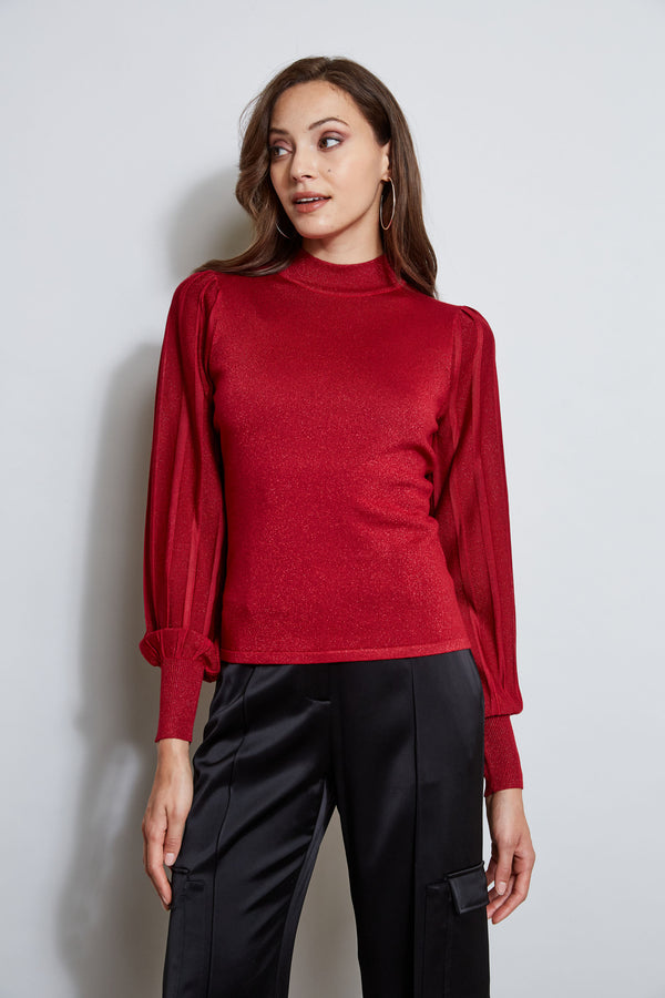 T-Tahari Metallic Pleated Sleeve Sweater