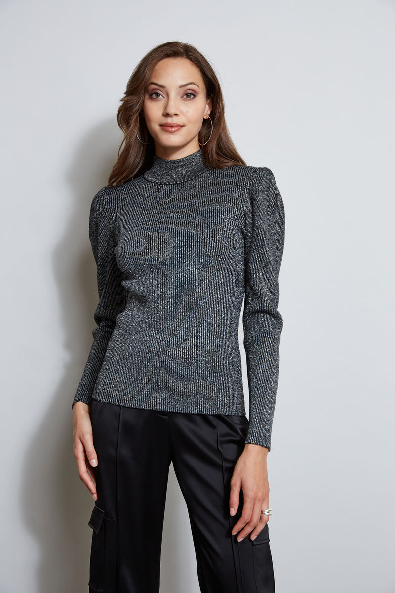 T-Tahari Metallic Puff Sleeve Sweater