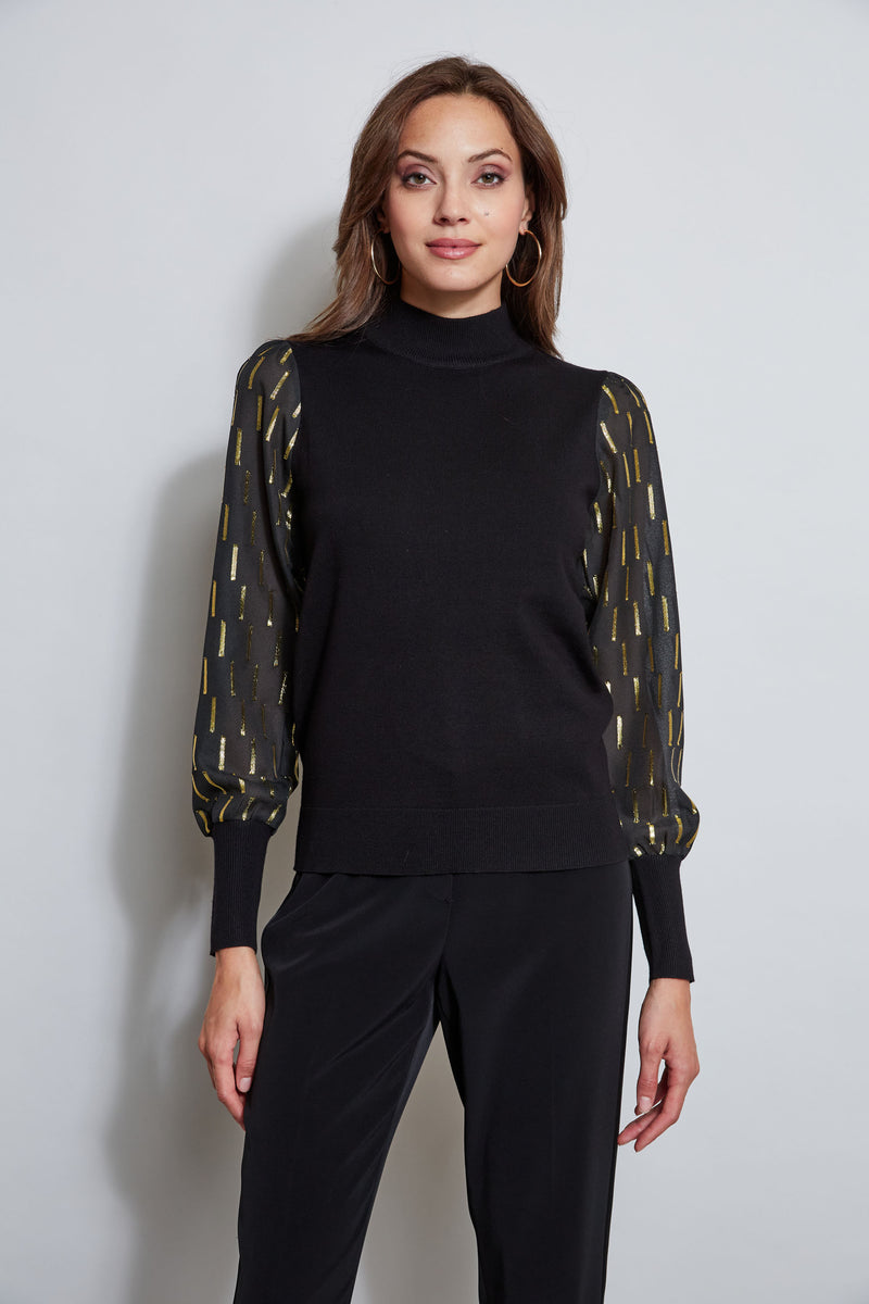 T-Tahari Metallic Sleeve Mock Neck Sweater