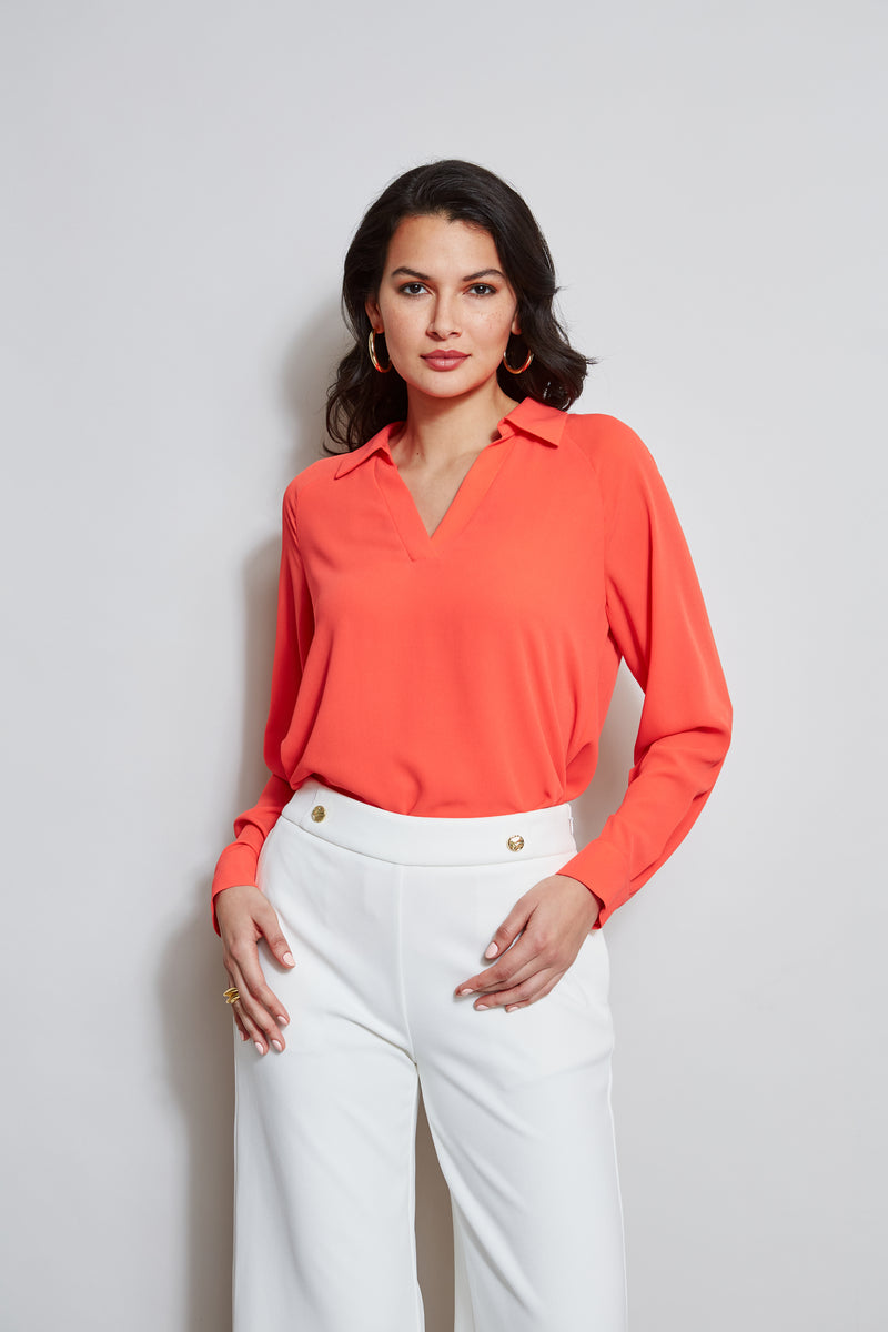 T-Tahari Split Neck Long Sleeve Shirt