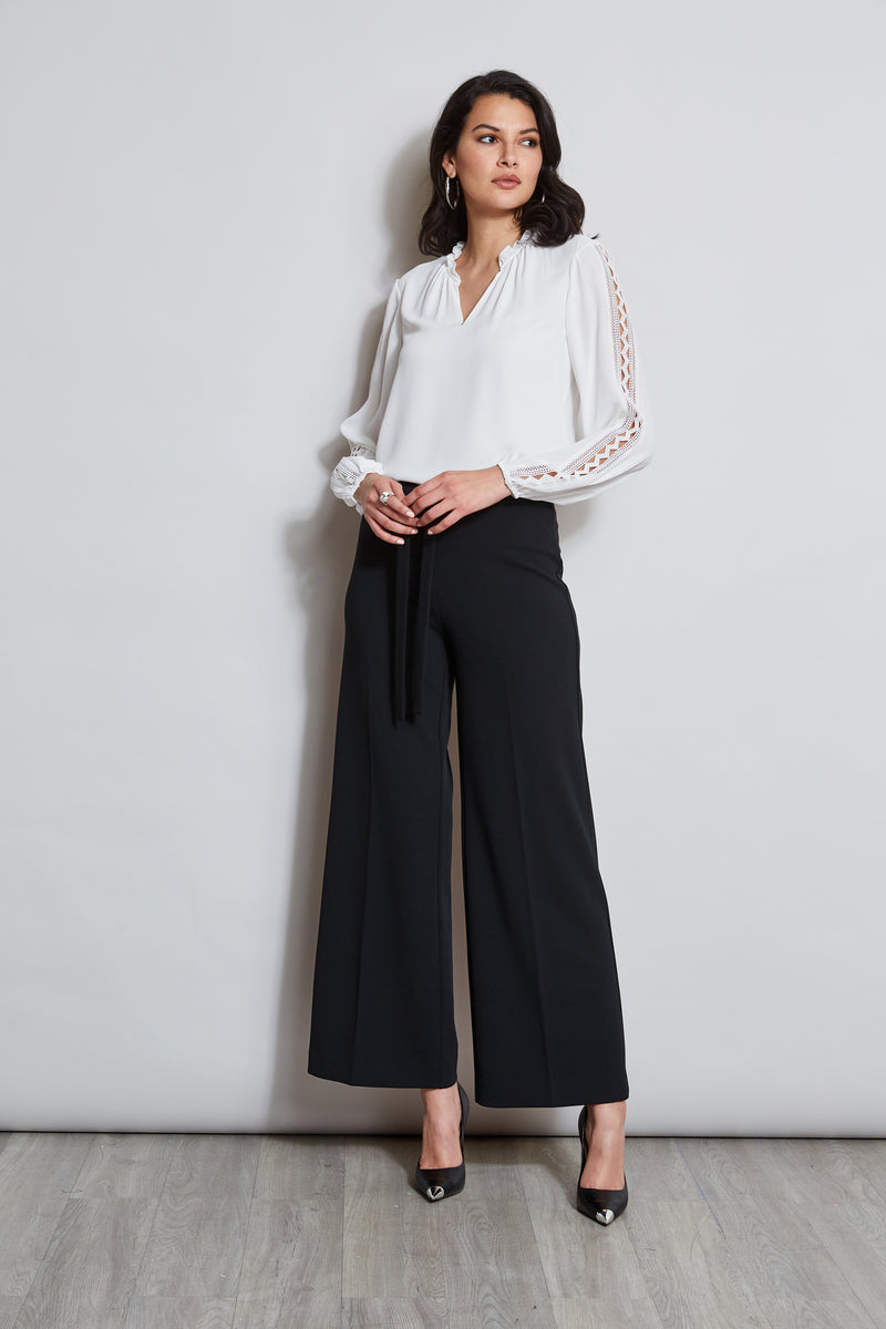 T-Tahari Split Neck Embroidered Sleeve Shirt