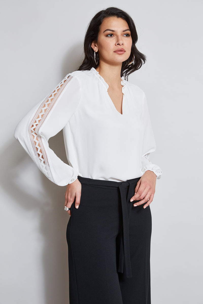 T-Tahari Split Neck Embroidered Sleeve Shirt