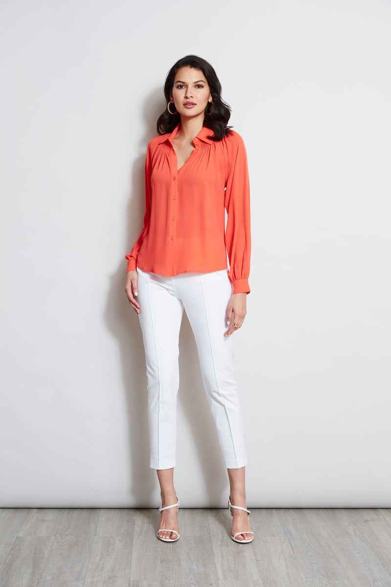 T-Tahari Long Sleeve Smocked Button Down Shirt