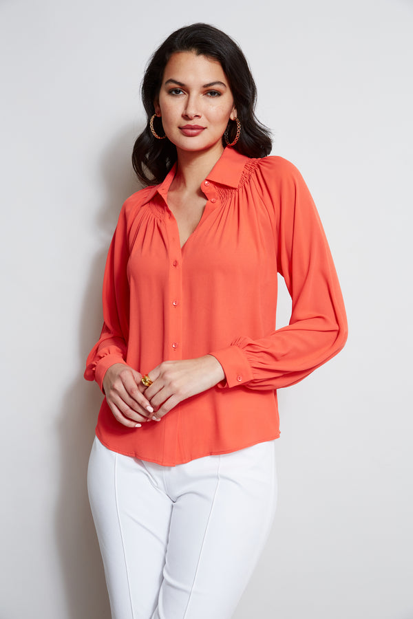 T-Tahari Long Sleeve Smocked Button Down Shirt