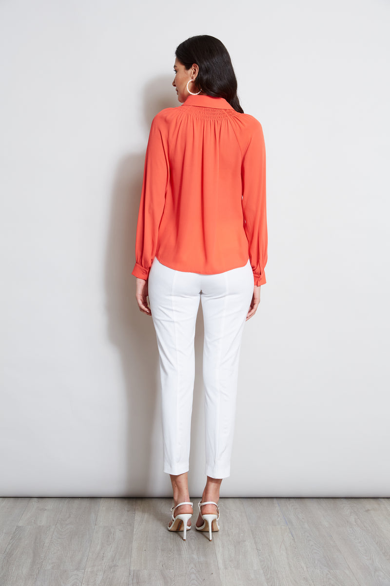 T-Tahari Long Sleeve Smocked Button Down Shirt