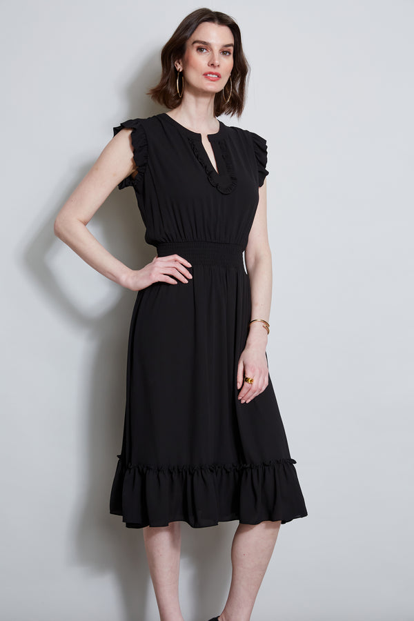 T-Tahari Split Neck Ruffle Midi Dress