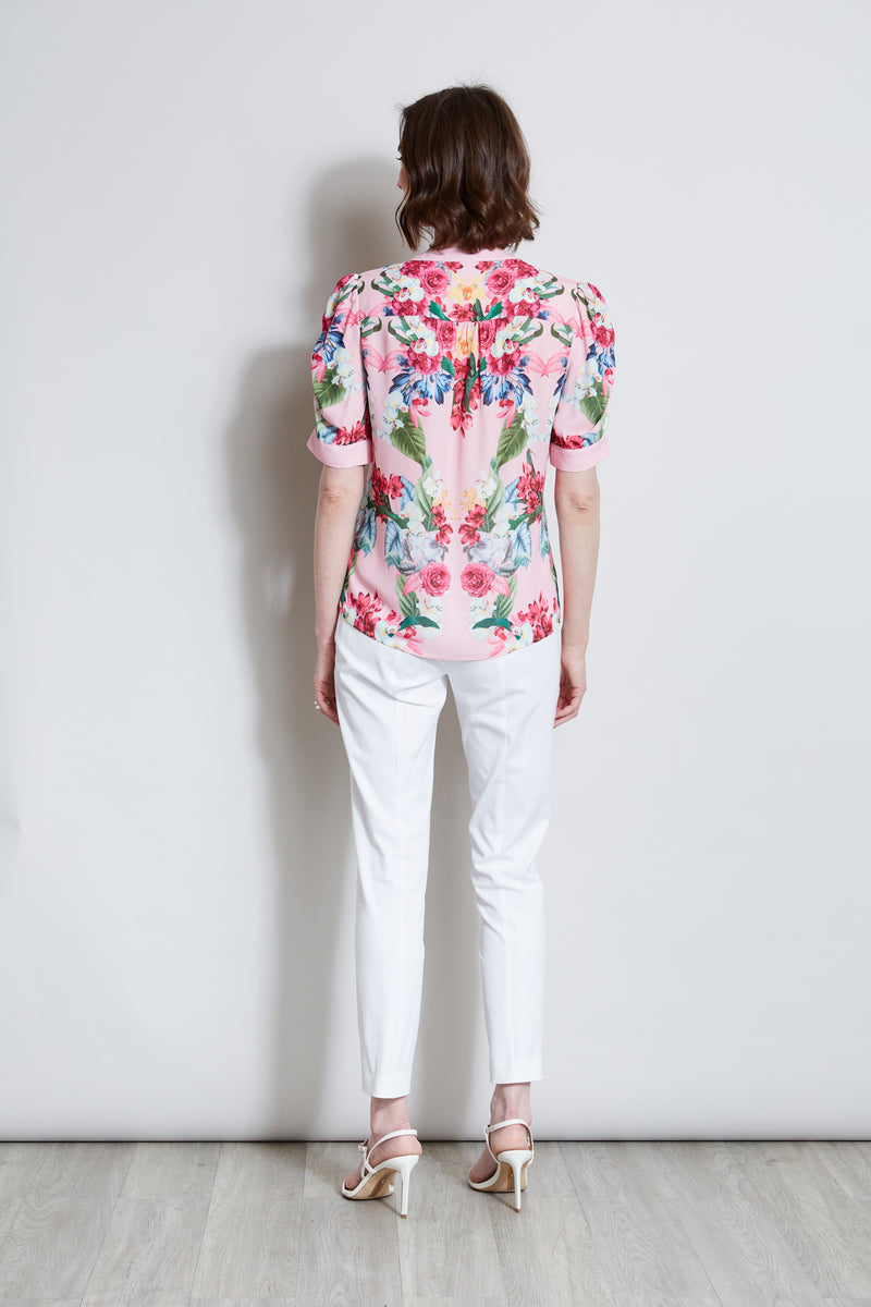 T-Tahari Rose Print Puff Shoulder Shirt