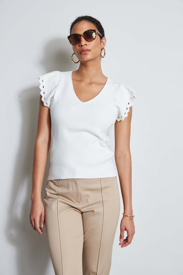 T-Tahari Laser Cut Flutter Sleeve Sweater