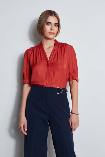 T-Tahari Short Sleeve Pleated Neck Shirt Image 1