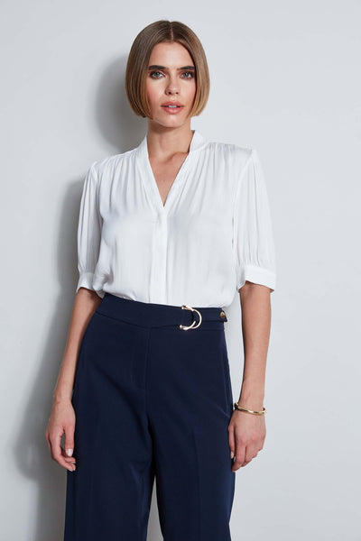 T-Tahari Short Sleeve Pleated Neck Shirt Image 1