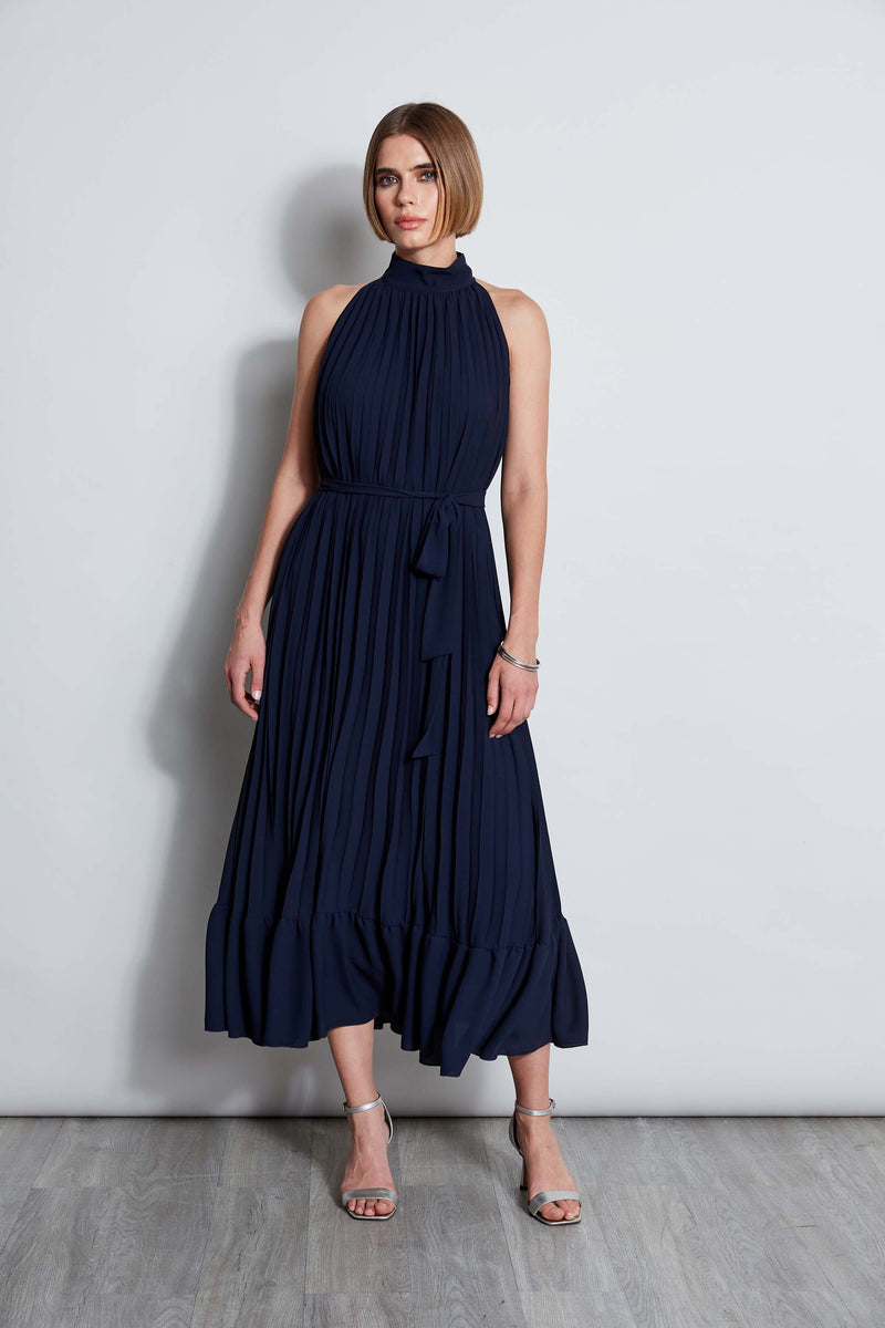 T-Tahari Pleated Halter Midi Dress Navy / L T-Tahari Pleated Halter Midi Dress Navy / L
