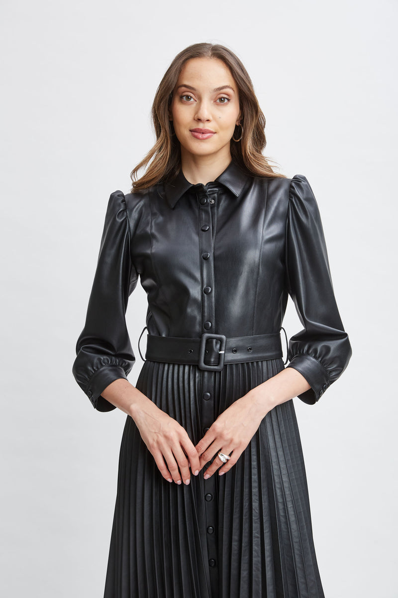 T Tahari Vegan Leather Pleated Dress Elie Tahari