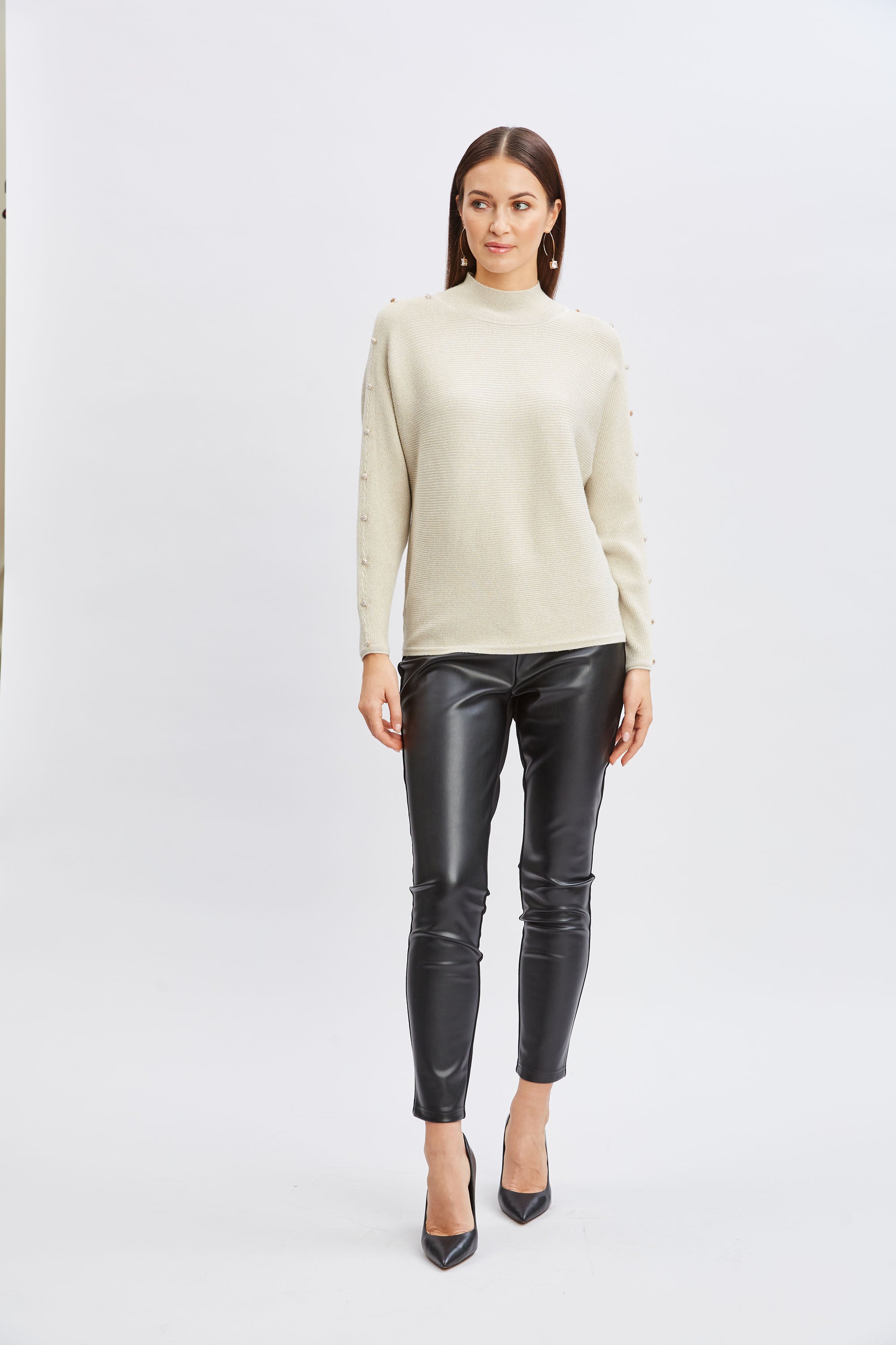 T-Tahari Crystal Sleeve Metallic Sweater