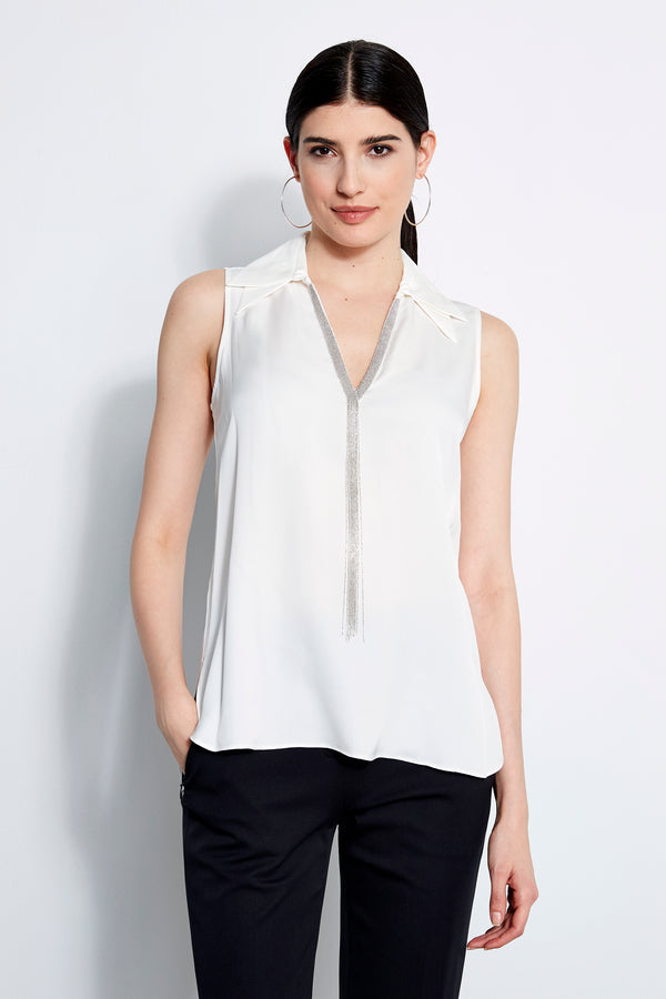 Sleeveless Silk Chain Collar Shirt