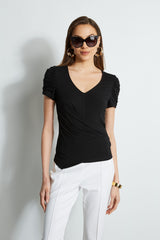 Ruched Sleeve V-Neck Knit