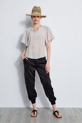 Silk Flutter Sleeve Tie Shirt