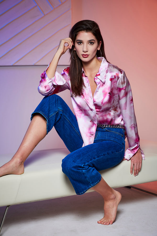 Silk Satin Watercolor Floral Shirt