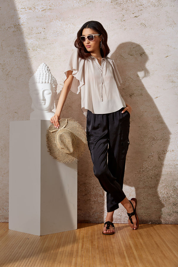 Silk Flutter Sleeve Tie Shirt