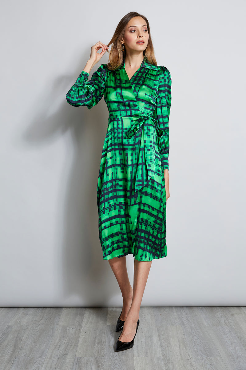 Silk Cubist Plaid Wrap Dress
