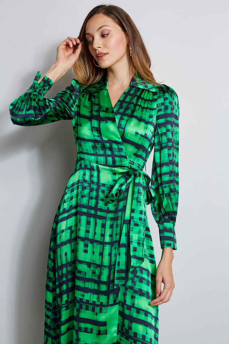 Silk Cubist Plaid Wrap Dress