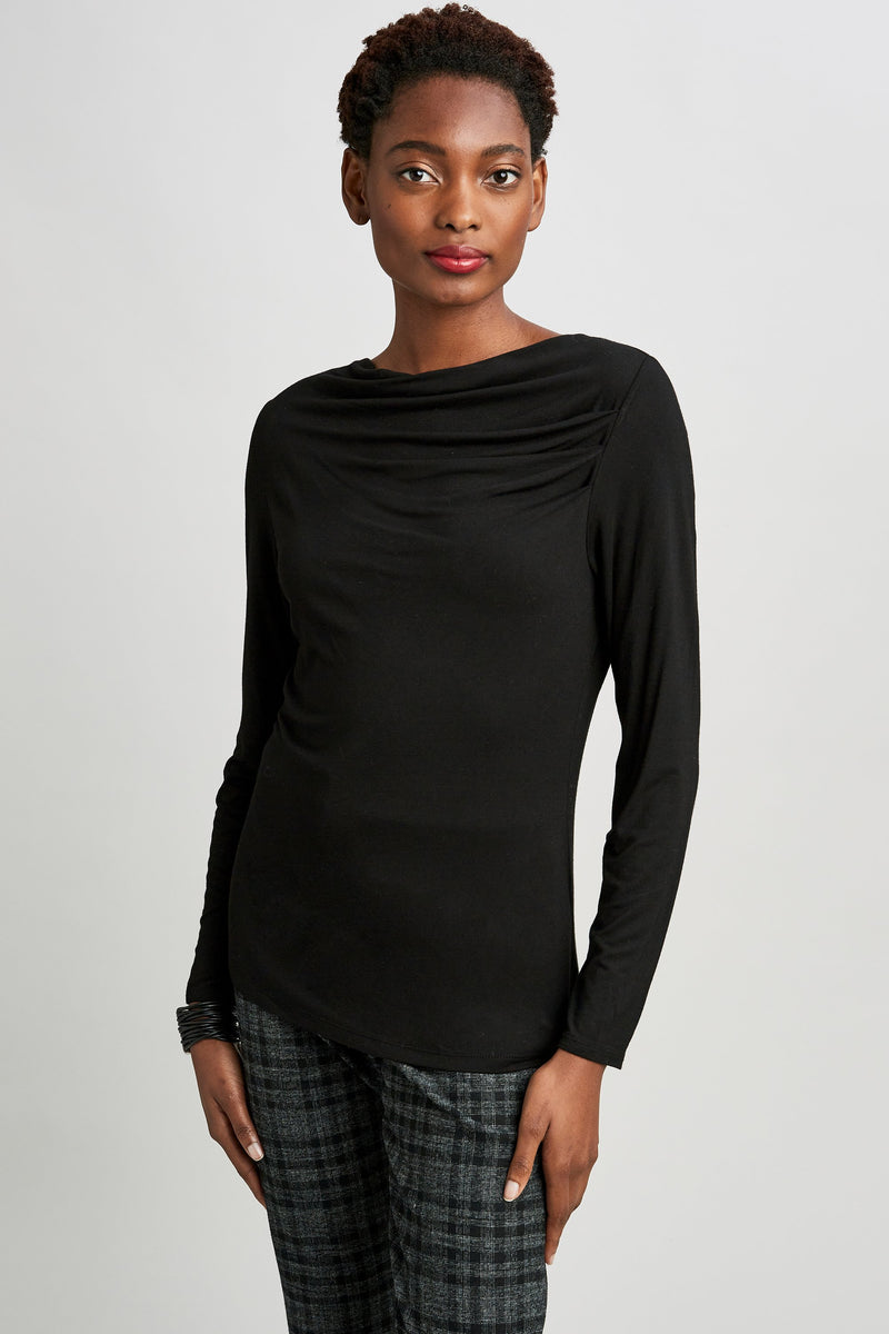 Wide Boat Neck Long Sleeve Pleated Top