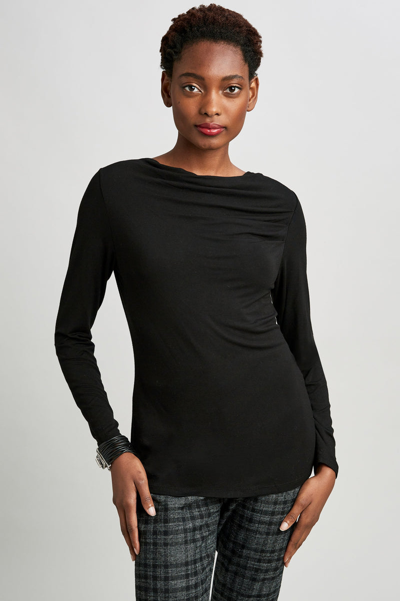 Wide Boat Neck Long Sleeve Pleated Top
